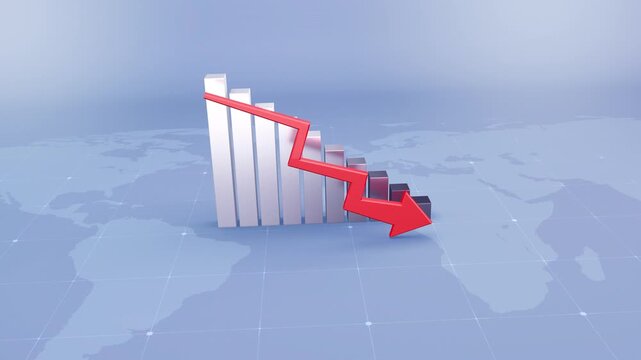 3D Bar Chart Graph with Red Downward Arrow Showing Decreasing Values, Economic Crisis Concept