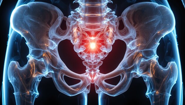 Human Pelvis Bones with Pain Indication, Medical Illustration Showing Hip Joint and Lower Spine Anatomy