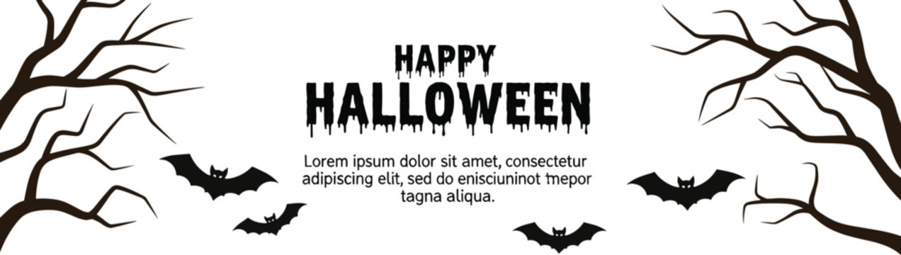 Happy Halloween Horizontal Banner with Creepy Bare Trees Flying Bats and Dripping Text on White Background for Party Invitations or Social Media