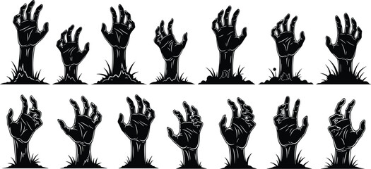 Fototapeta premium Large collection of creepy zombie hands reaching up from the ground silhouettes isolated on white background for spooky Halloween and horror concepts