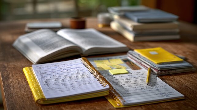 Study Space with Open Books, Notebooks, Sticky Notes and Writing Tools on a Wooden Table Surrounded by Natural Light