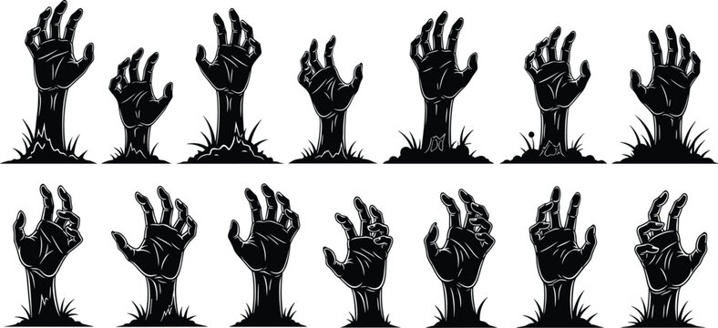 Large collection of creepy zombie hands reaching up from the ground silhouettes isolated on white background for spooky Halloween and horror concepts