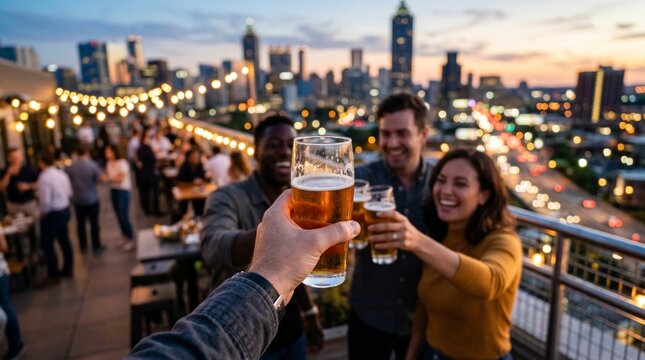 POV Group of friends cheering with beer on city rooftop bar