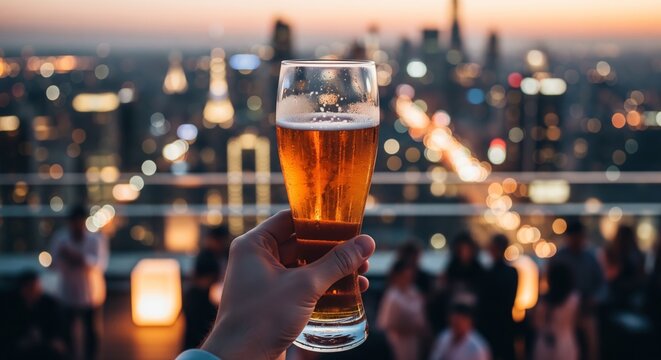 POV Hand holding beer glass over city skyline at rooftop party