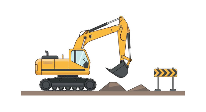 Yellow excavator operating on a construction site, digging earth with its bucket.