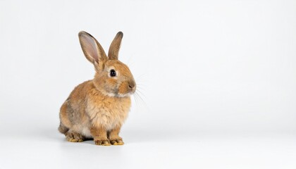 Obraz premium Charming small brown rabbit sits attentively on a pristine white studio background, highlighting its soft fur and endearing expression as an adorable domestic pet or symbol of natural innocence