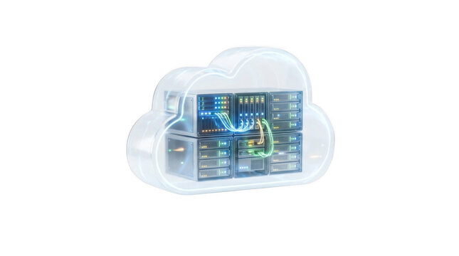 3D rendering of futuristic server room with glowing blue data center and cloud computing hologram