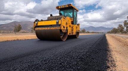 Obraz premium Heavy yellow steam roller compacts fresh asphalt on rural road under cloudy sky surrounded by mountains and trees