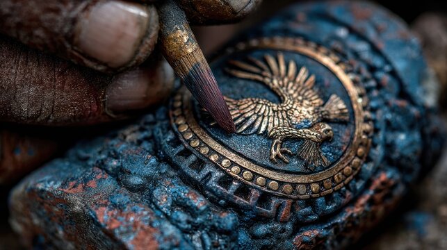 A hand paints details on an ornate, aged, gold eagle emblem