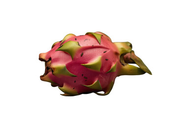 Whole ripe dragon fruit, also known as pitaya, displaying vibrant pink skin and green scales. Transparent background