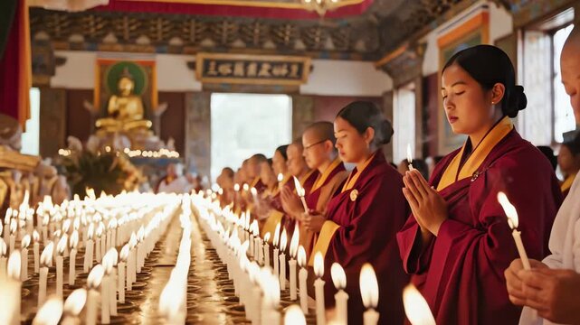 Elderly Buddhist monk lighting candles in temple with chanting monks in background