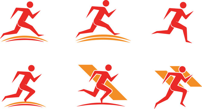 Set of Red Running Man Vector Icons and Sprinting Male Figures with Dynamic Motion Lines for Sports Fitness Athletics and Healthy Lifestyle Graphic Design Projects
