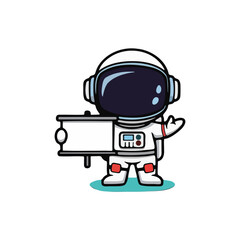 Fototapeta premium Cute Cartoon Astronaut Character Holding Blank Whiteboard and Waving Hand for Message or Presentation