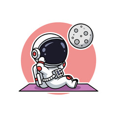 Cute Cartoon Astronaut Meditating on Yoga Mat with Moon in Space, Flat Design Vector Illustration of Space Explorer Practicing Mindfulness and Wellness