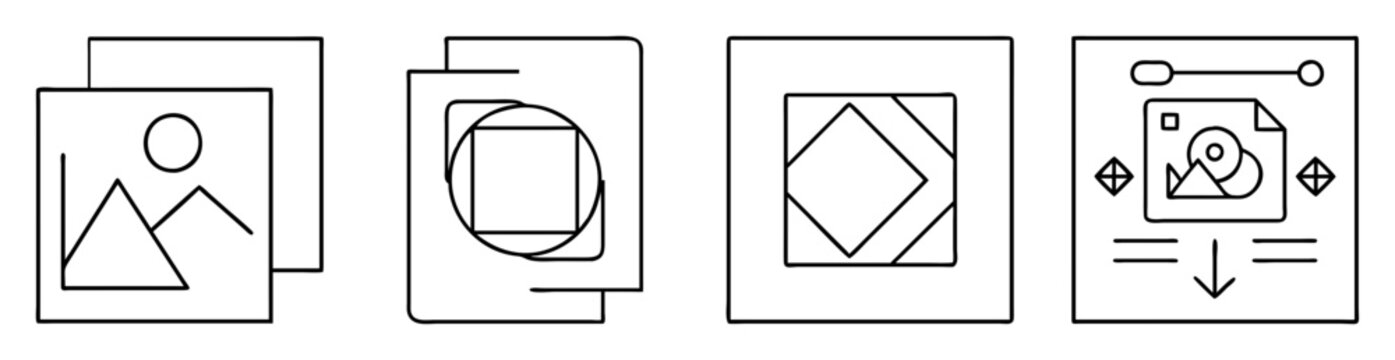 Black and white icon set depicting layers and transformations of files