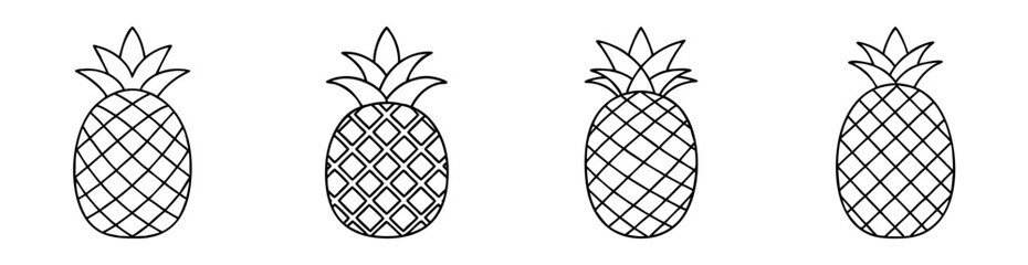 Obraz premium Four outlined pineapple fruits with criss cross pattern and crown of leaves