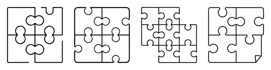 Fototapeta premium Four jigsaw puzzle pieces in various states of completion and arrangement