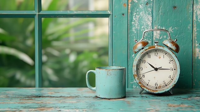Vintage teal clock and rustic mug on worn wooden table with green foliage background