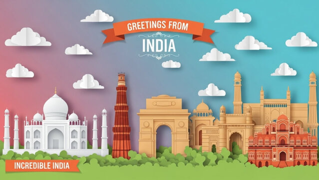 A clean, flat-style paper cut banner featuring "Incredible India" text, Taj Mahal, Qutub Minar, and Gateway of India on a soft gradient background.