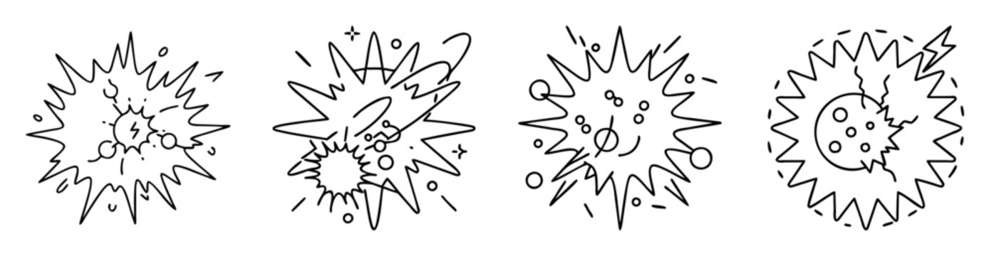 Collection of four abstract explosion or burst illustrations in black and white