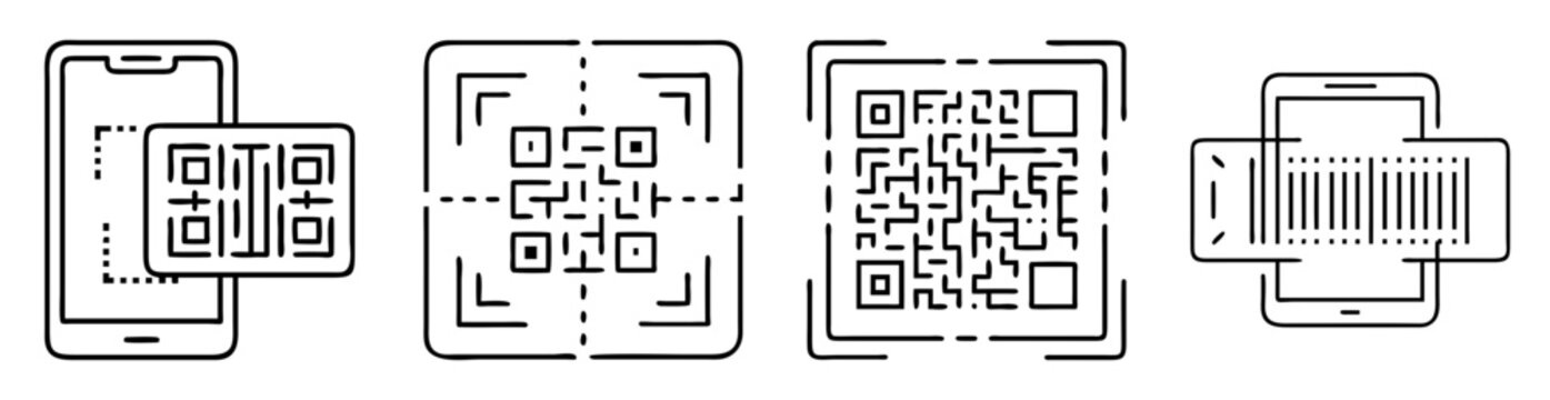 Line art illustration depicting QR code scanning and barcode technologies on smartphones
