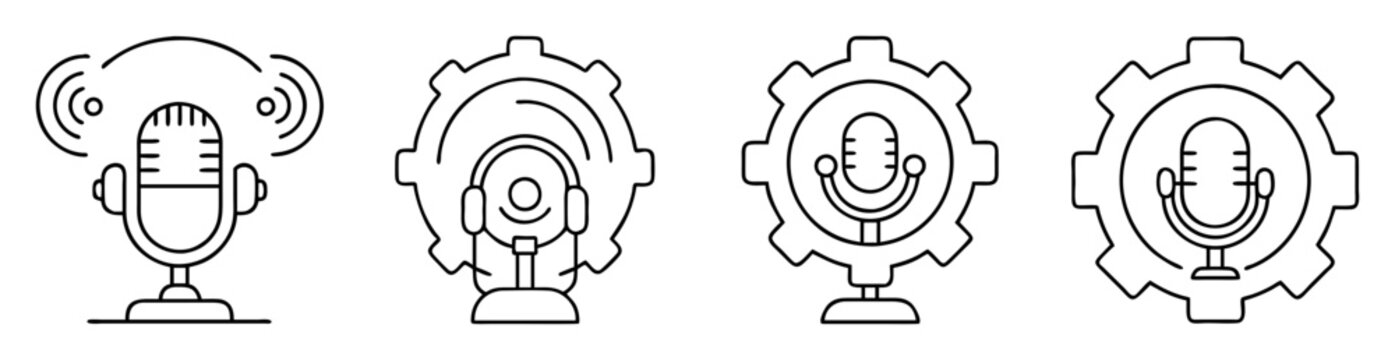 Podcast recording with a microphone and gear settings vector illustration