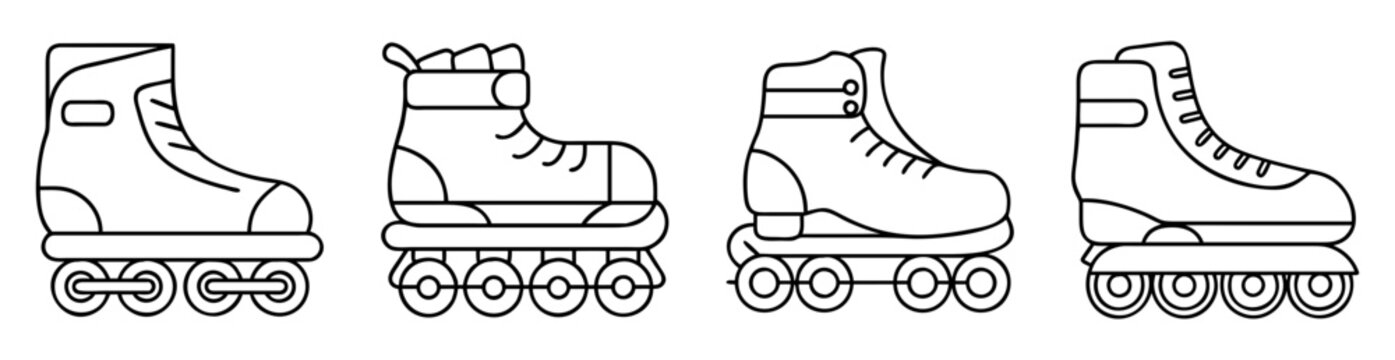 Four stylized roller skate icons showcasing different designs in a single line