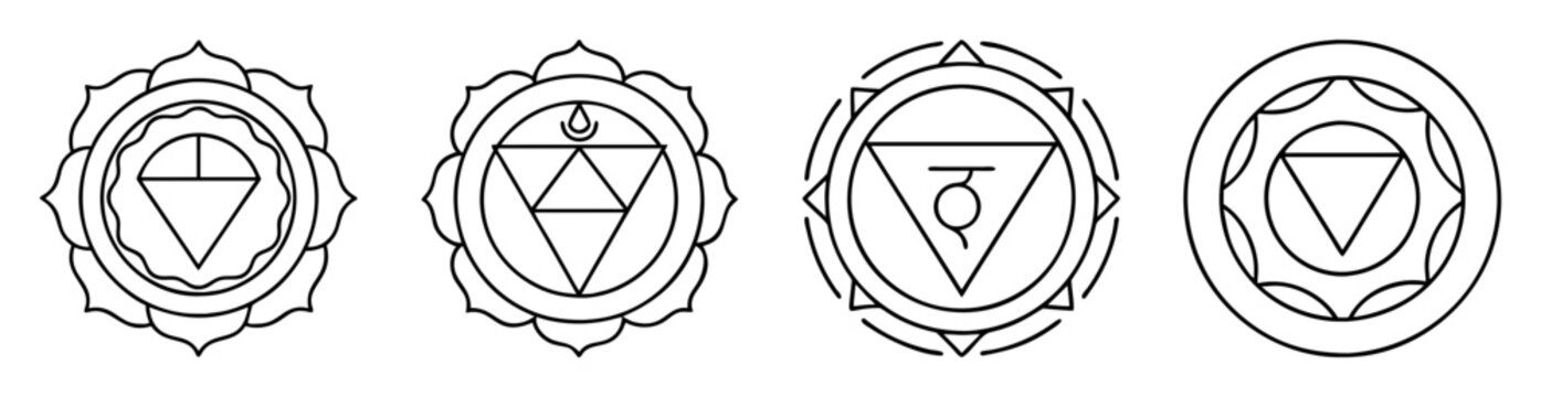 Illustration of four chakra symbols, energy centers in traditional Indian belief