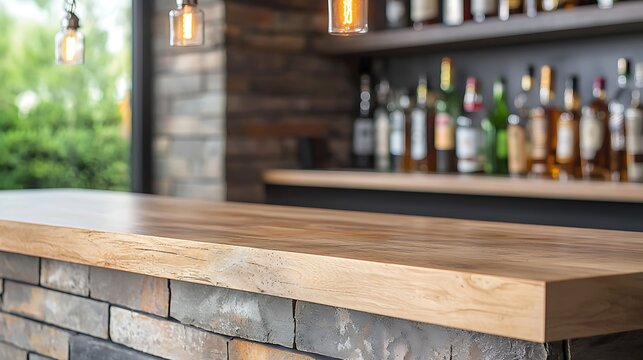 Elegant rustic bar countertop with modern pendant lights and blurred background of spirits