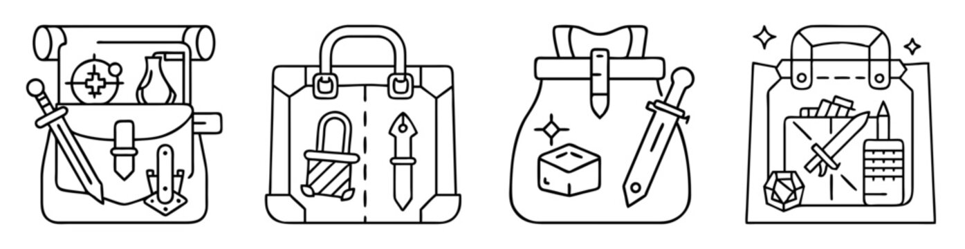 Black and white line drawing showcasing various adventurer's equipment bags icons