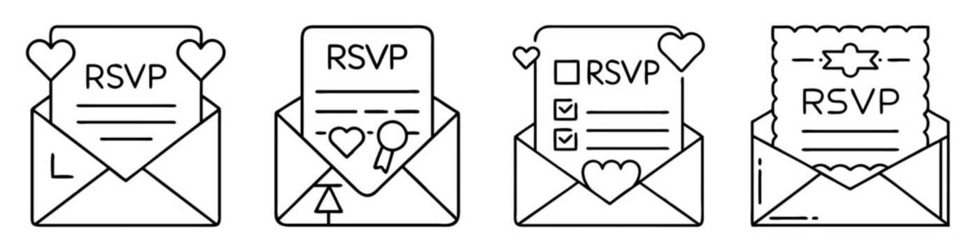 Four envelope invitations with RSVP requests and decorative details outline style