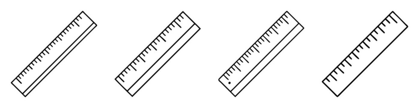 Four rulers in varying angles and with different spacing marks in black outline