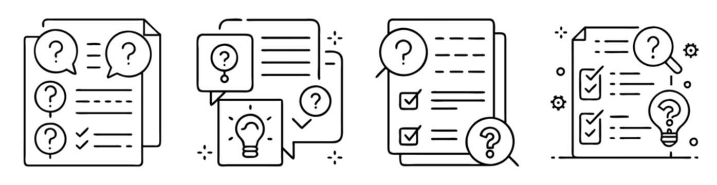 Outline icon set depicting inquiry process, problemsolving and solution finding concepts