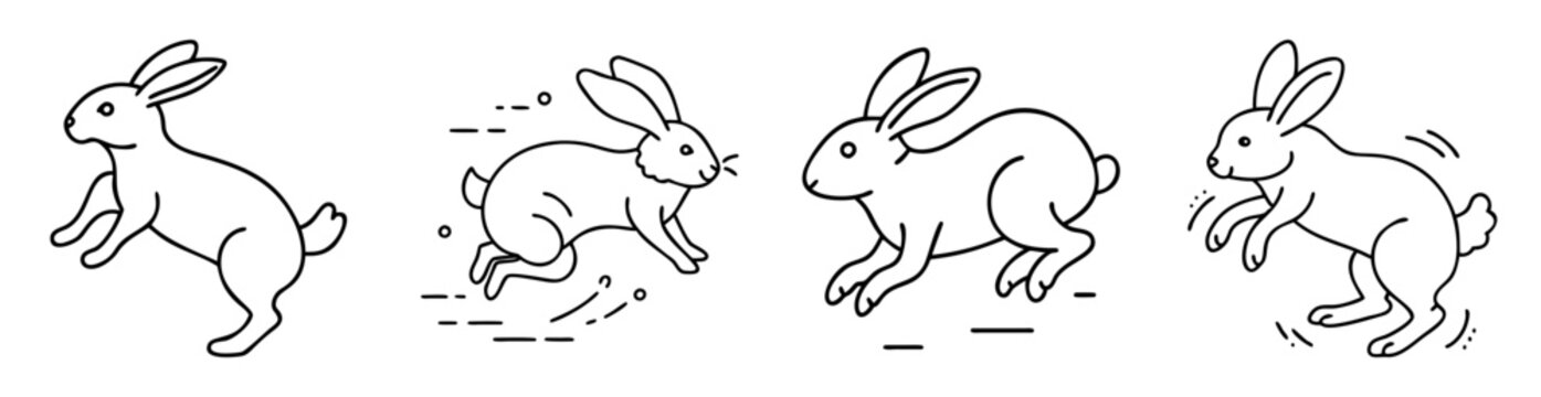 Four cartoon rabbits in different positions showing movement in black outlines
