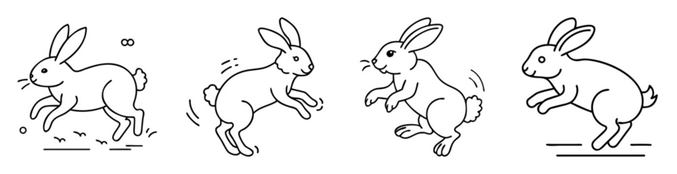 Four adorable cartoon rabbits running and jumping in a playful sequence