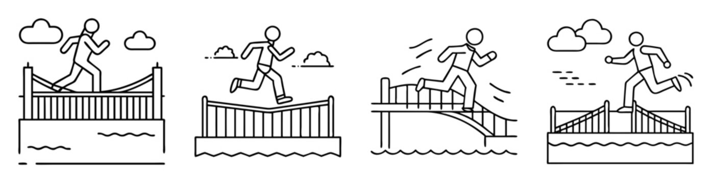 Four minimalist line art depictions of a stick figure running on bridges