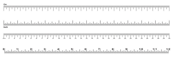 Measuring scale, marking for ruler, length measurement scale chart, thermometer scale, marks for tape measure. Vector illustration