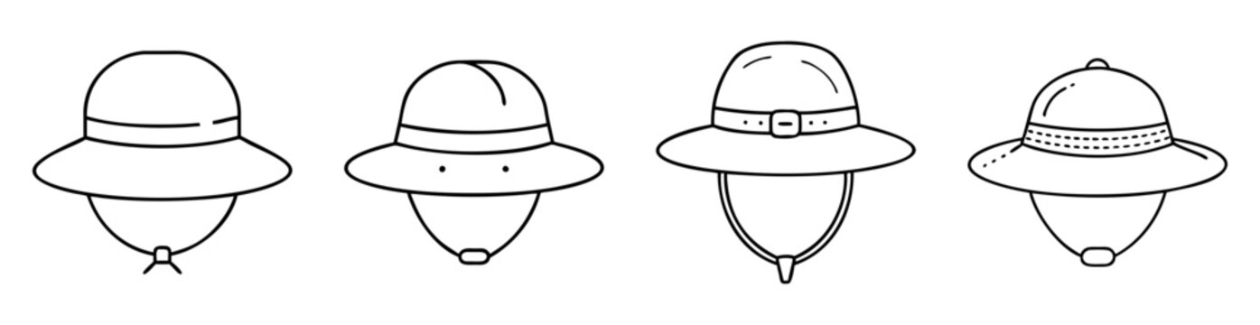 Outlined image of four unique pith helmets with different designs