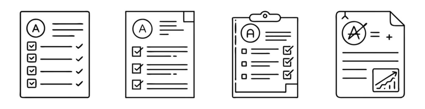 Four sheets of paper, all displaying the letter A and checklists