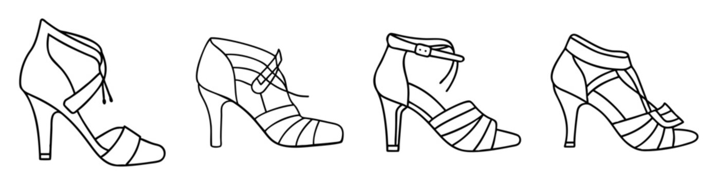 Outline drawing showcasing four different styles of high heel sandals vector illustration