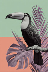 Fototapeta premium Surreal tropical toucan collage with pastel plants and vibrant background colors creating modern exotic wildlife composition for summer design and contemporary decor