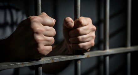 A close-up shot of a person's hands gripping dark, metallic prison bars, conveying a sense of confinement and despair.