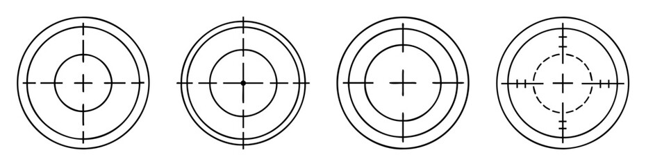 Four black and white bullseye target designs with simple crosshairs graphic