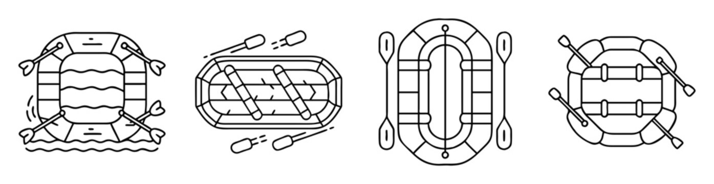 Four different raft boat types illustrations with paddles in black and white