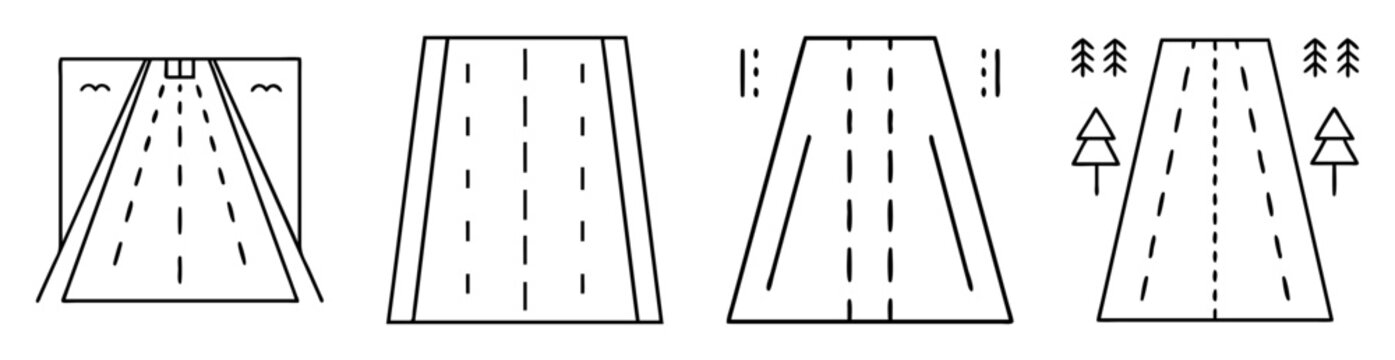 Four different abstract line art road illustrations with trees and bridges