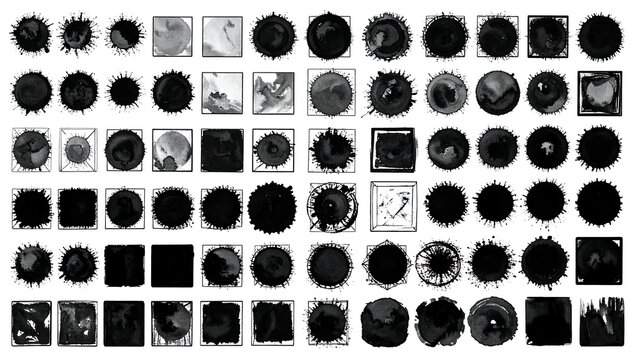 An array of watercolor-style squares and circles, with varying shades of gray and black