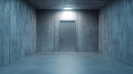 Fototapeta premium Dimly Lit Concrete Room with Empty Space and Closed Door Creating a Mysterious Atmosphere
