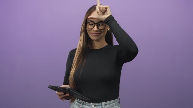 Woman wearing glasses and black top holds tablet and makes l sign on forehead while smiling in purple studio; playful teasing.
