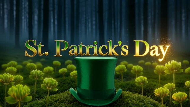 Festive St. Patrick s Day Background with Green Hat  Leaf Clovers  and Happy St. Patrick s Day Lettering in a Magical Forest Scene