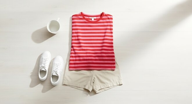 Casual summer outfit with red striped top beige shorts and white sneakers.